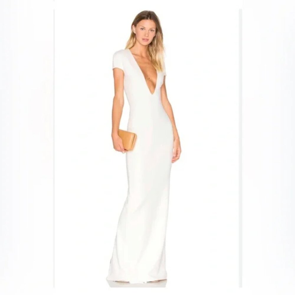 Solace London Cream V-Neck Evening Gown | Cap Sleeve Crepe Dress | Size 6